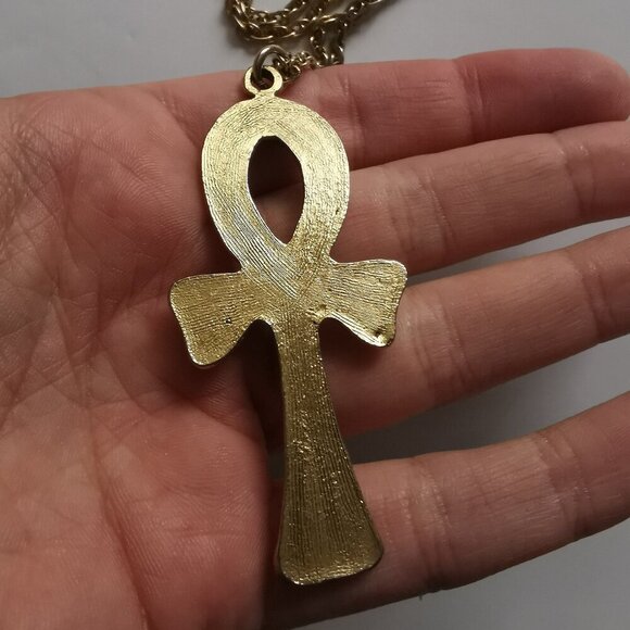 Faux Jade Stone Golden Egyptian Ankh Cross Pendant Necklace Vintage Chunky - Picture 5 of 8